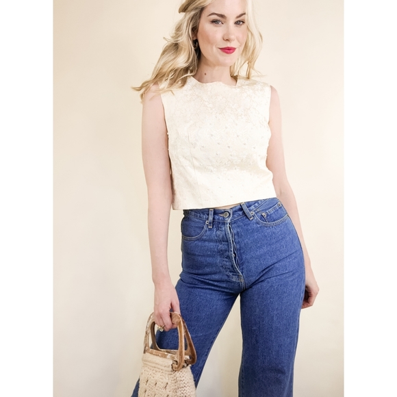 Vintage Tops - Handmade Vintage Ivory Posie & Pearl Crop Blouse